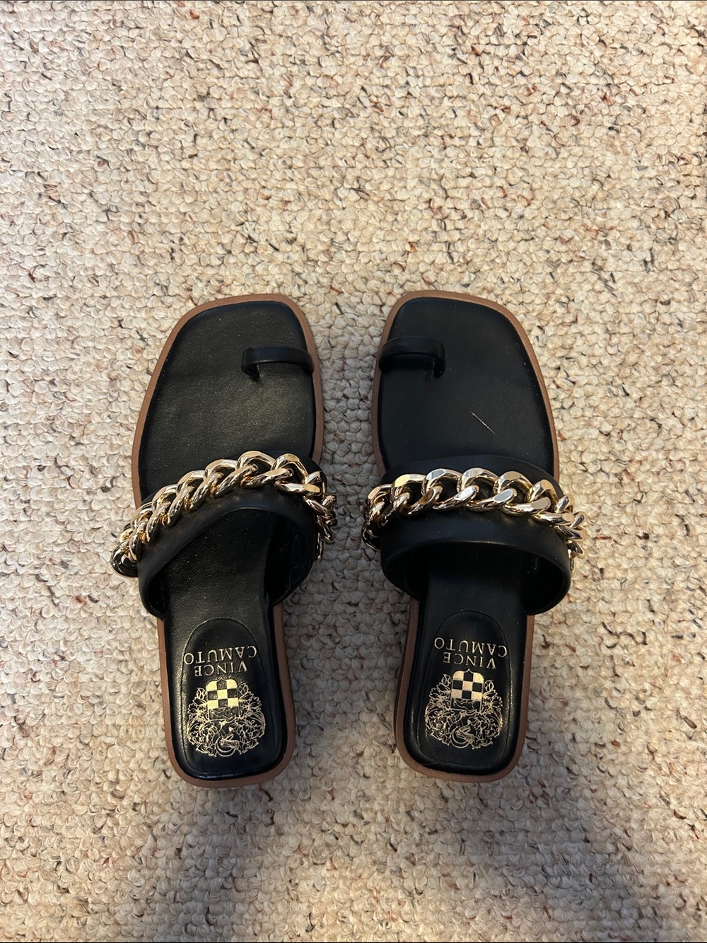 Vince Camuto Black Slide Sandals with Gold Chain Accent. Brand new never worn.